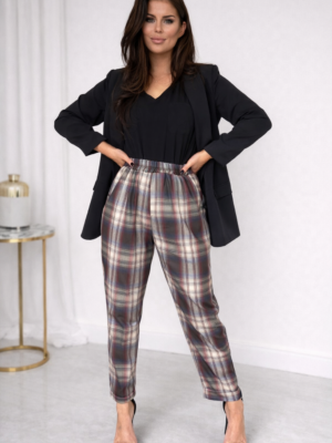 Spodnie w kratę z wysokim stanem – bordo / zielone