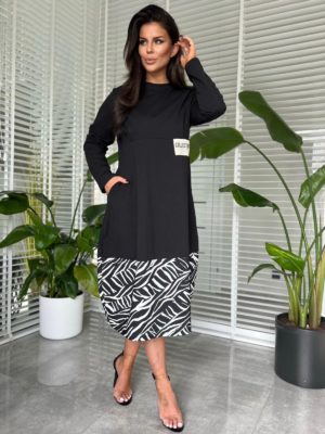 Bawełniana sukienka midi z kieszeniami i wstawką zebra - czarny