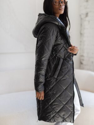 Cleo – długa kurtka pikowana z kapturem - 44, czarny